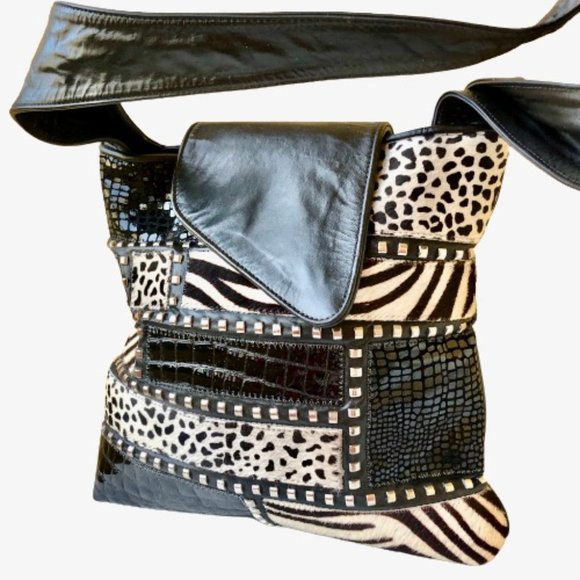 Vintage Genuine Leather Calf Hair Patchwork Shoulder Bag Mixed Prints - Picture 4 of 14